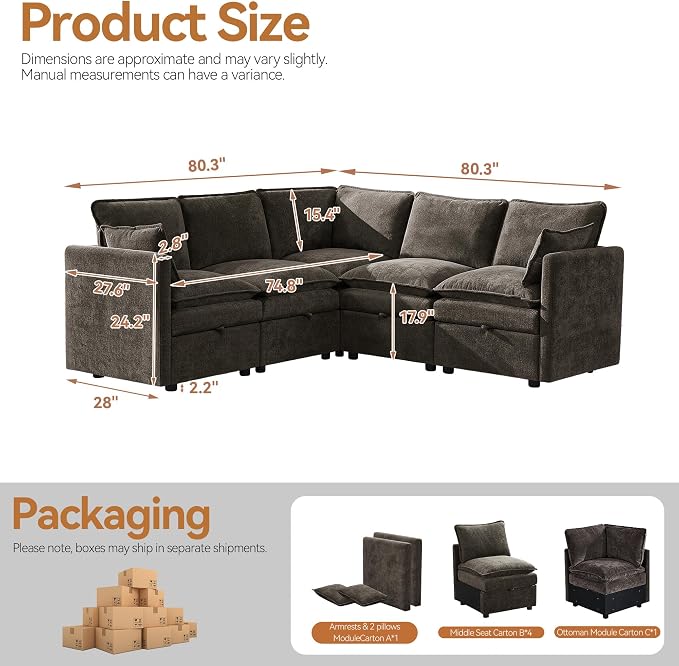 80" Storage Modular Sectional Sofa, Cloud Couch for Living Room,Brown