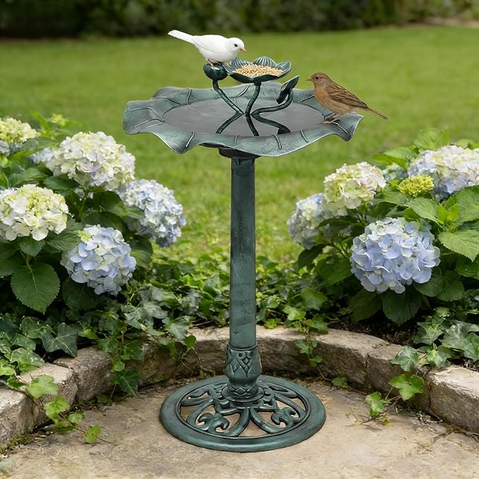 Magshion 35" Outdoor Bird Bath and Feeder for Outside, Pedestal Birdbath with Vintage Lotus Design, Durable Polypropylene Construction, Stunning Garden Accent for Lawn, Backyard & Patio, Green