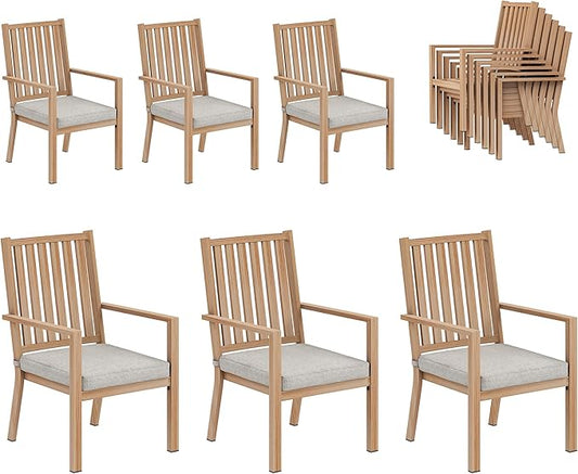 RoyalCraft Aluminum Outdoor Patio Chairs Set of 6, Outdoor Chairs with Waterproof Cushions, Outdoor Dining Chairs with Armrests, Metal Patio Furniture Set for Porch, Balcony, Deck, Backyard, Brown