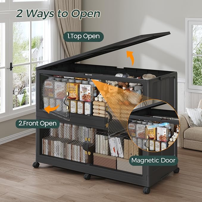 1200QT Extra Large Stackable Storage Bins with Lid, 300Gal Plastic Closet Organizers and Storage Drawer, Collapsible Cabinet Box with Wheels Clear Doors for Home Kitchen Office, 5Pack Black