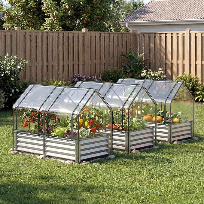 Giantex 4x2x3 FT Galvanized Raised Garden Bed with Greenhouse Cover, Outdoor Elevated Metal Planter Box w/Dual Roll-up Windows, Mini Greenhouse for Patio Balcony Vegetables Herbs Flowers (Silver)