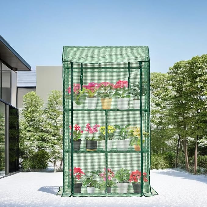 Purlyu Mini Greenhouse for Indoor Outdoor, Small Plastic Plant Green House Rack Stand Portable Greenhouses with Durable PE Cover for Seedling 60 "x 35"x 16",20 Pcs T-Type Plant Tags Include（PLGH4053G）