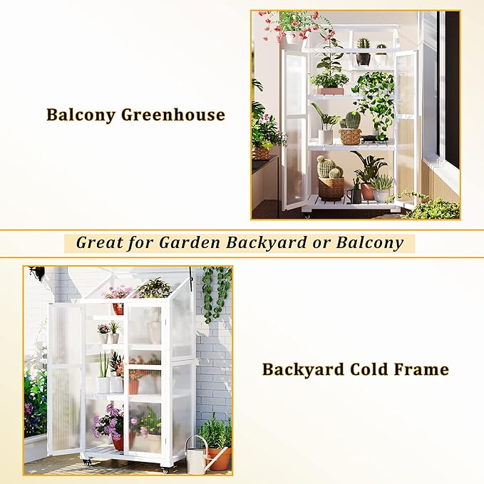 Merax Cold Frame Greenhouse, 62 Inch Large Wooden Greenhouse Cabinet, Garden Cold Frame with Wheels and Adjustable Shelves for Outdoor Indoor Use, White