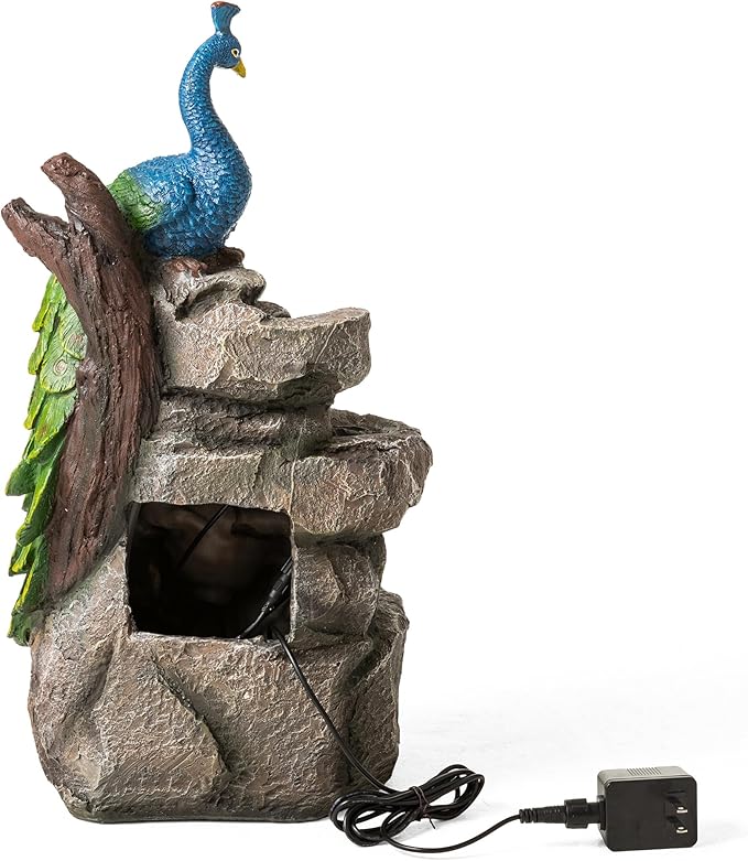 Glitzhome Outdoor Water Fountain with Lights, 4-Tierd Peacock W/Stacked Stone Outdoor Fountain, 20.5" H Polyresin Decorative Waterfall Feature Garden Fountain with Pump for Garden, Patio, Porch