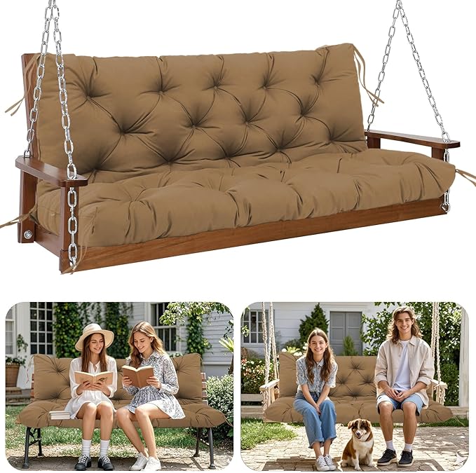 Extra Thick 5" Waterproof Porch Swing Cushions Outdoor 60 inch Swing Cushions 3 Seater Replacement with Backrest and Ties for Outdoor Furniture Patio Bench Garden (Brown)