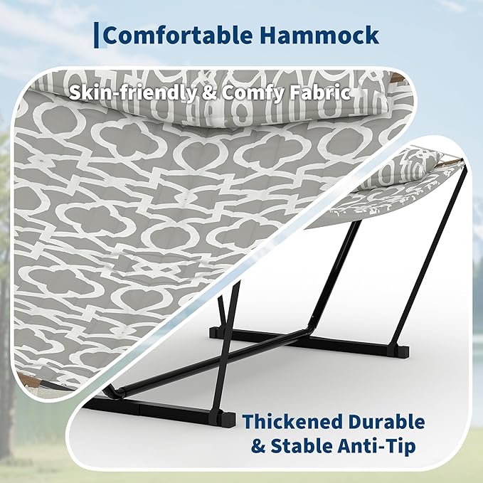 2 Person Double Hammock with Adjustable Steel Stand & Pillow, Heavy Duty Portable Outdoor Hammock Set, MAX 450 LBS Weight Capacity for Patio, Garden, Beach, Backyard