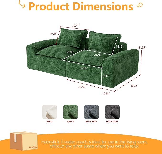 Hobestluk 87" Cloud Modular Sectional Sofa, 2-Seater, No Assembly, Green