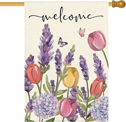 Spring Summer Tulips Hydrangeas Welcome House Flag 28 x 40 Inch Double Sided, Lavender Floral Burlap Large Yard Garden Flags Holiday Farmhouse Flags for Patio Outdoor Outside Decoration