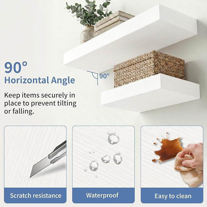White Floating Shelves for Bathroom, 12 Inch Wooden Shelf Set of 4 | Space Saving Wall Shelves, 33lbs Max Load, Hidden Brackets, Easy Install, Wood Grain Finish, Bedroom Living Room Decor