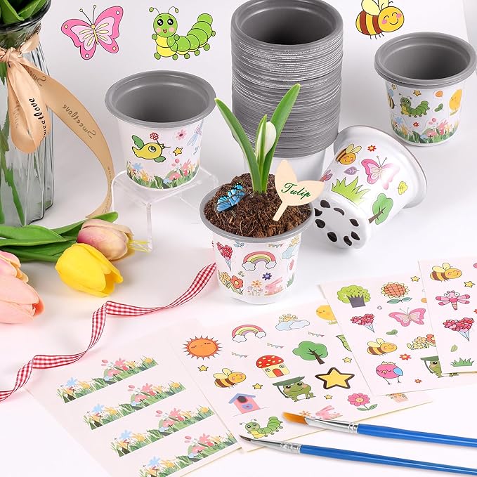 Garden Plastic Pot Craft Kit 32 Nursery Pots with 32 Stickers 32 Plant Labels 4 Painting Tools and 1 Ribbon for Mother's Day Flower Plant Spring Graduation DIY Crafts Painting Gardening Growing Tools