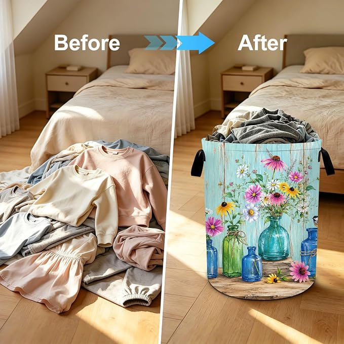 Flower Vase Laundry Hamper with Reinforced Handles Oxford Fabric Laundry Basket Large Clothes Storage Bin for Bedroom Bathroom Dorm Room 19.6 x 15.7 Inches