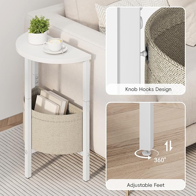 Vagusicc Side Table, Small Round End Table, Tall Accent Table with Storage Basket, Set of 2 Half Round Coffee Tables Half Moon Tables, Bedside Table, Modern Nightstand for Living Room Bedroom, White