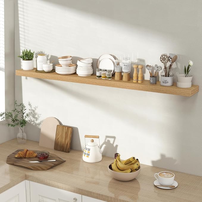 Acovy 55 Inch Floating Shelves for Wall 1 Pack, 55" Wall Shelves for Books, Storage, Decor, Wall Mounted Floating Shelf with Invisible Brackets for Kitchen, Living Room, Light Brown