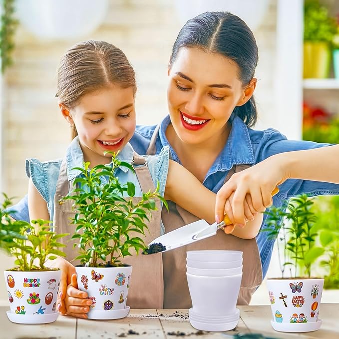 Domensi 30 Pack Garden Pot Craft Kit 4 Inch DIY Happy Easter Crafts for Kids Bulk Small Plastic Spring Flower Plant Pot Plastic Planter with Tray Drainage Holes with Tag, Certificate of Award, Sticker