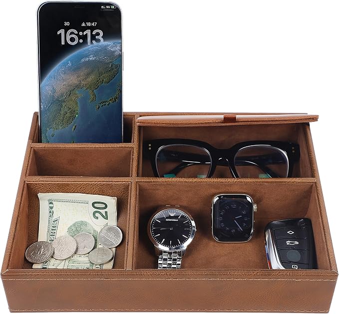 Zcaukya Men's Valet Tray, 5 Compartments, Brown