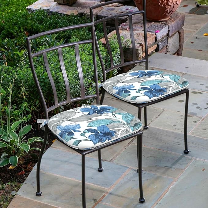 Outdoor Chair Cushions Set of 4, Water Resistant Patio Chair Pads with Ties, Seat Cushions for Home Garden Furniture Decoration, 16"x17", Clemens Noir Blue