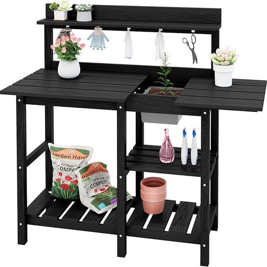 SERWALL Outdoor Potting Bench with Removeable Sink,Rot-Resistant HDPE Potting Table for Outside Gardening, All Weather Use - Black