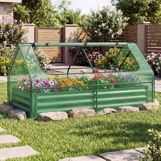 SAFSTAR Raised Garden Bed with Cover, 6FT x 3FT x 3FT Galvanized Bottomless Garden Bed with Greenhouse, Dual 2-Tier Roll-Up Windows, Outdoor Metal Planter Box Kit with Cover (Green)