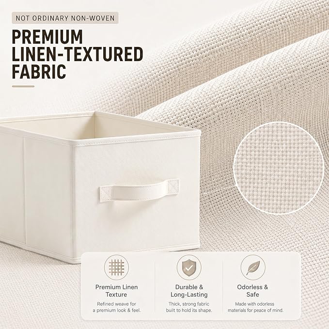 3-Pack Closet Storage Bins, Foldable Fabric Storage Baskets, Beige | Thickened Rigid PP Panels, Cotton-linen Shelf Baskets, Measure 14.75"L x 10.25"W x 8.25"H for Clothes, Closets and Drawers
