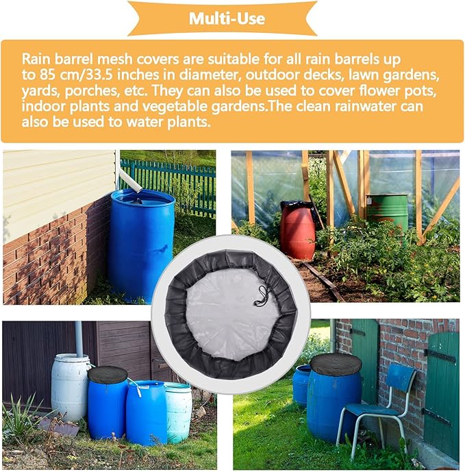 39’’ Mesh Cover for Rain Barrel with Drawstring 2 Pcs Water Collection Buckets Cover Rain Collection Barrels Netting Screen to Keep Leaves and Debris Out
