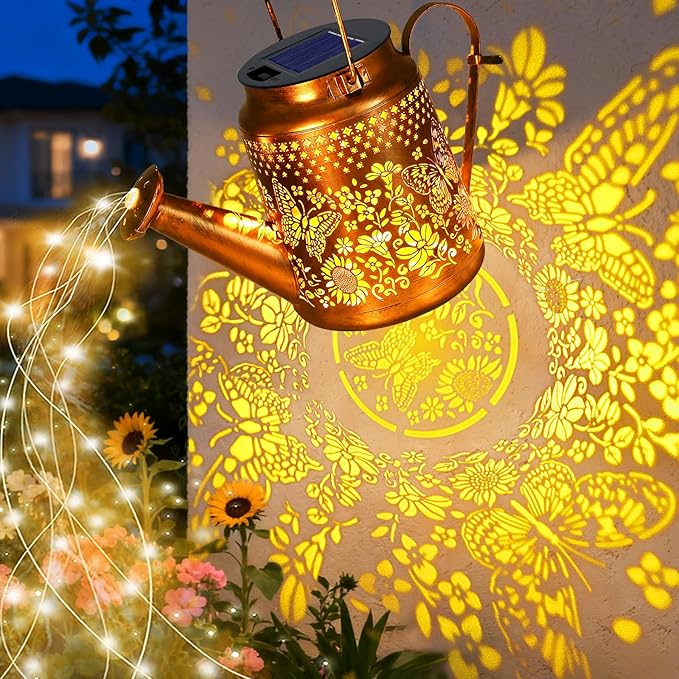 VOOKRY Solar Lights Outdoor Waterproof, Butterfly Retro Metal Solar Watering Can Lights, Gifts for Women Mom Grandma Mother's Day, Hanging Lantern Decorative Garden Decor for Outside Yard Lawn Patio