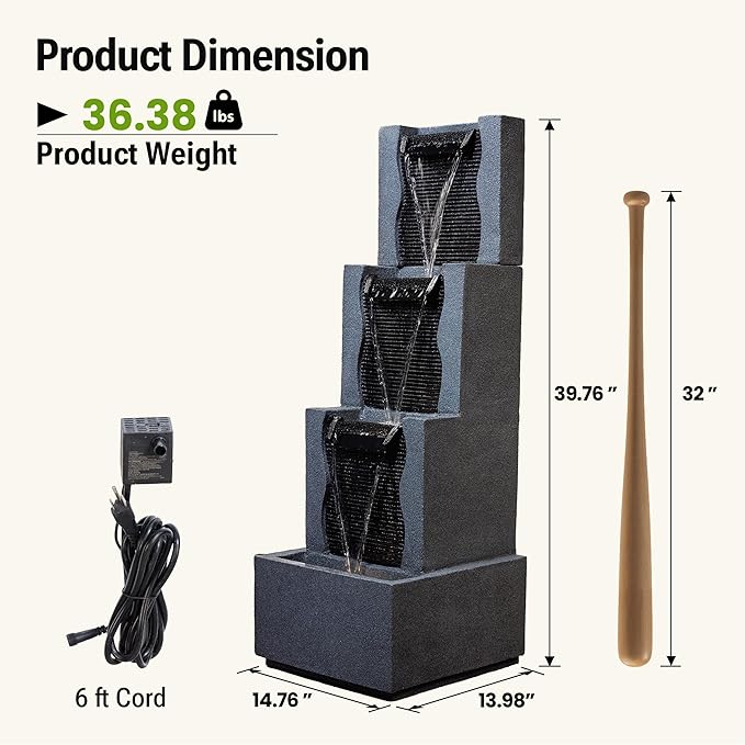 39-Inch Outdoor Water Fountain, 4-Tier Modern Cascading Resin Waterfall Fountain with 3 LED Lights, Indoor & Outdoor Water Feature for Garden, Patio, Backyard, Deck, Porch, Balcony in Black