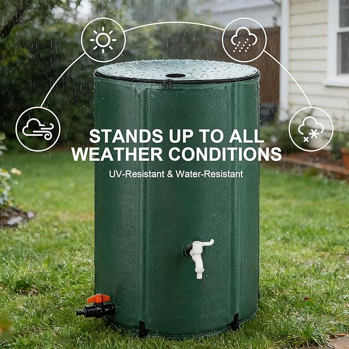 100 Gallon Collapsible Rain Barrel, Foldable Water Storage Tank, Support Rods, Drain Valve & Faucet, Portable Rainwater Collection System for Garden Irrigation and Outdoor Use