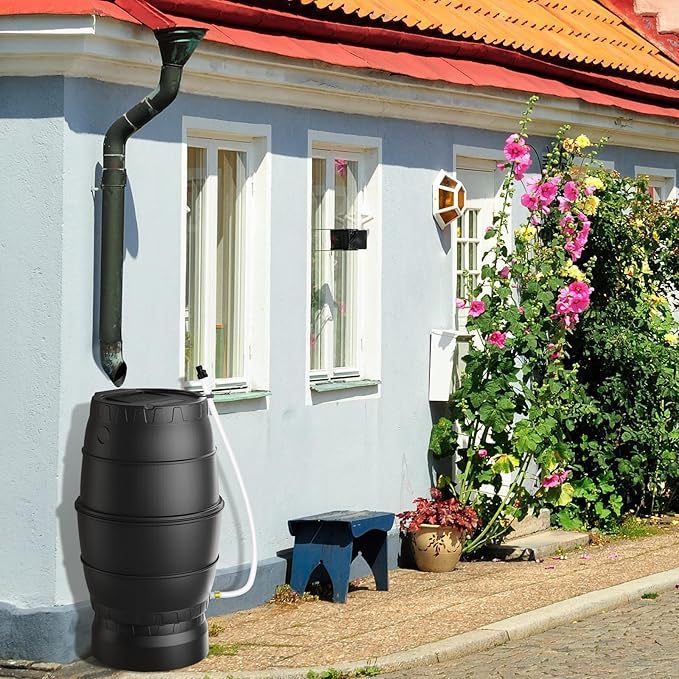 EJWOX Rain Barrel with Stand to Collect Rainwater from Gutter, Heavy Duty BPA Free Rain Water Collection Barrel with Spigot and Filter (45 Gallon, Black)
