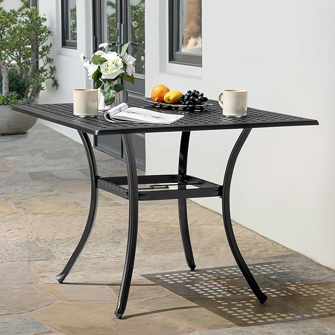 NUU GARDEN 35 Inch Square Cast Aluminum Outdoor Dining Table for 4 with Umbrella Hole and Mesh Top, Patio Table for Garden Backyard Poolside, Black with Gold Speckles