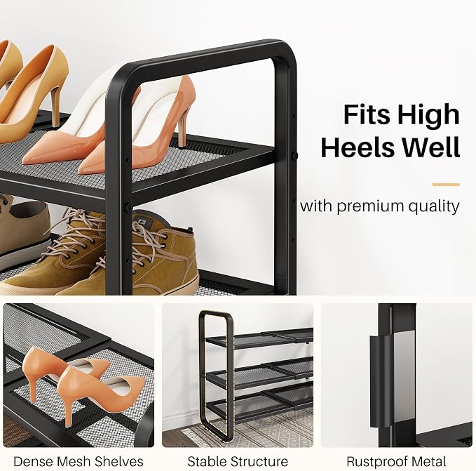 Expandable Metal Shoe Rack for Closet, Entryway & Garage, 3-Tier, Black