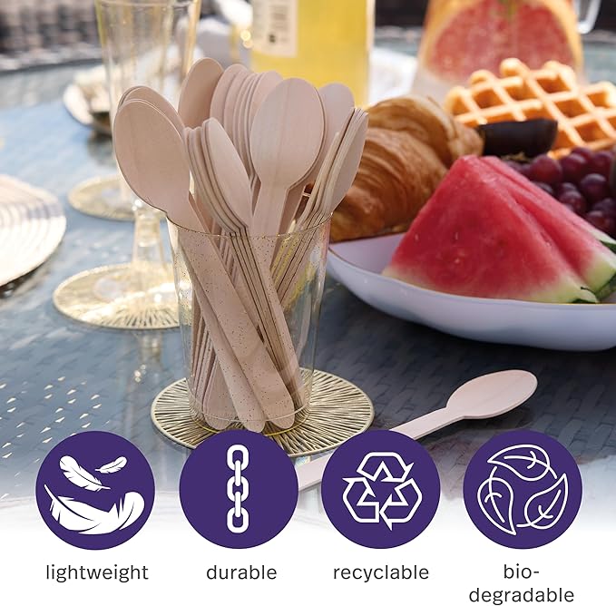 MATANA - 100% Natural Disposable Bamboo Wooden Spoons 6.3" Inch (200 Pack) - Compostable Cutlery, Biodegradable Utensils for Garden Parties & Summer Events