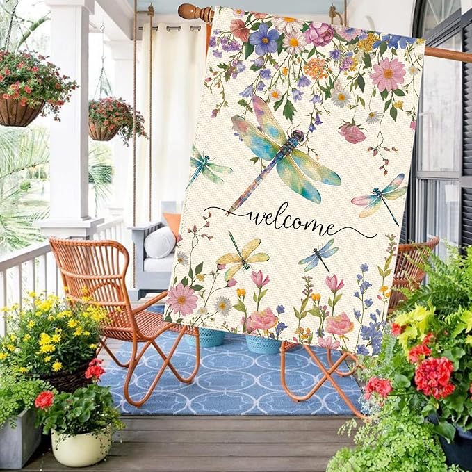 Spring Summer Dragonflies Wildflowers Welcome House Flag 28 x 40 Inch Double Sided, Watercolor Floral Large Yard Garden Flags Holiday Farmhouse Flags for Patio Outdoor Outside Decoration