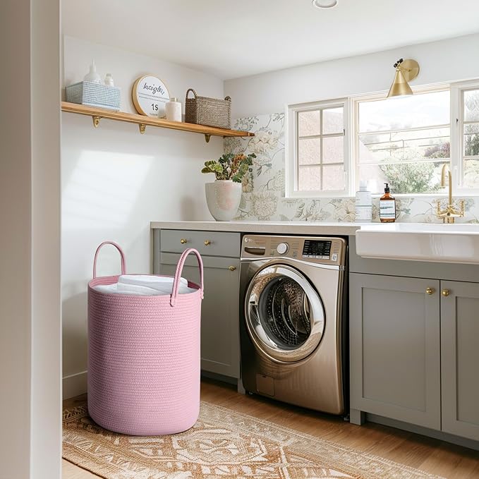 MEGASKET Large Pink Laundry Basket, 15"x18" Tall Blanket Storage for Living Room, Woven Cotton Rope Laundry Hamper for Girls Baby, Pink Room Decor Aesthetic, Decorative Clothes Hamper for Towels Toys