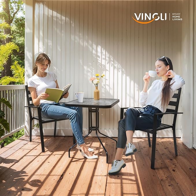 VINGLI Outdoor Bistro Table, 24" Patio Table Steel Frame Tempered Glass Top, Dining Tables for Balcony Garden Poolside (24'' Square)