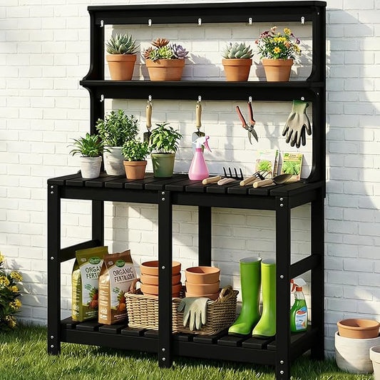 Outdoor Potting Bench with 3 Tier, All-Weather Patio Potting Table with Tool Hooks, HDPE Gardening Table for Backyard, Garden, Black