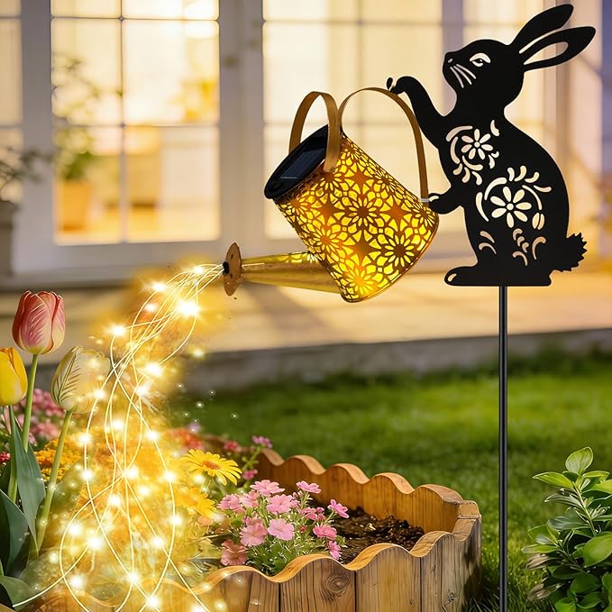 VOOKRY Solar Watering Can Lights Outdoor with Bunny Silhouette Stake, Garden Gifts for Mom, Women & Garden Lovers Waterproof Metal Garden Lantern, Decorative Yard Patio Lawn Pathway Decor(1 Pack)