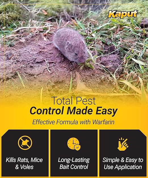 Kaput Rat & Mouse Bait- Effective Warfarin Formula for Rodent Control - Low Toxicity Rat Bait - Indoor & Near-Building Use, 32 Packets, 2 oz Each