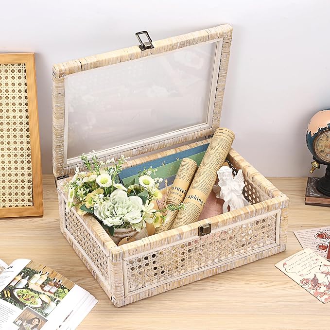 Hipiwe Handwoven Rattan Basket with Lid Decorative Storage Boxes, Large | Vintage Wood and Cane Display Box with Metal Latch Lock, Shelf Basket Box for Home Decor