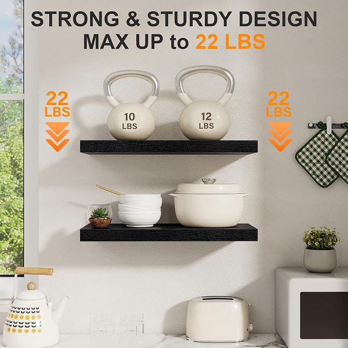 Black Floating Shelves 22.5 Inch Long, 8 Inch Deep Floating Shelf Wall Mounted, Rustic Wood Bathroom Shelves for Storage, 22.5x8 Deep Shelf Set of 2 with Invisible Brackets for Books|Storage|Decor