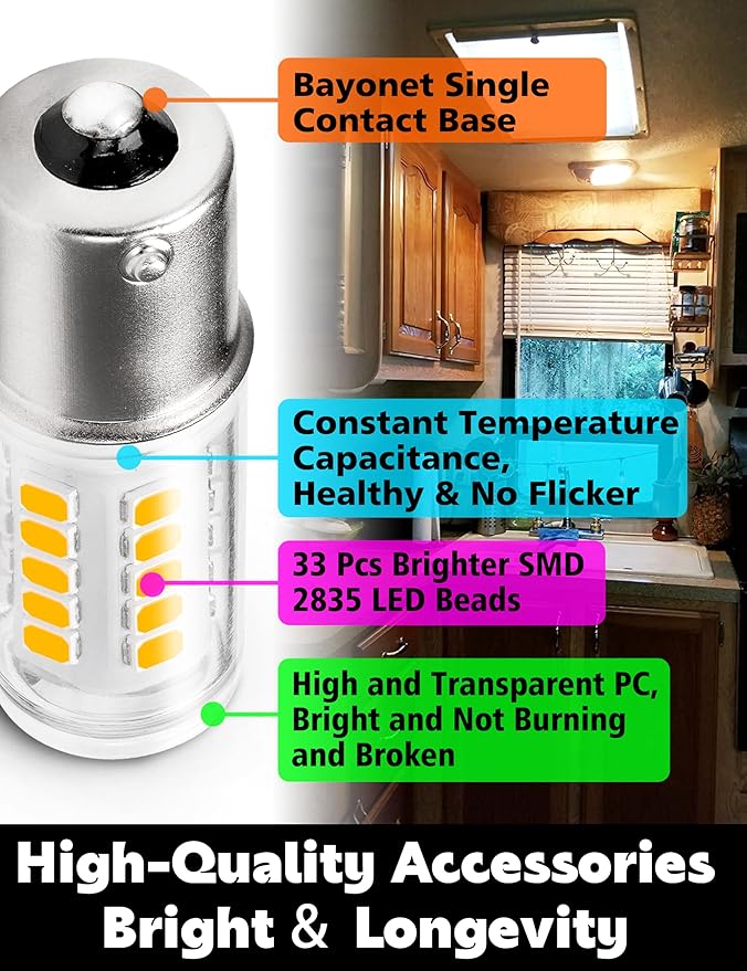 BA15S 1156 1141 1003 S8 SC Led Bulb, 5Watt 500LM Low Voltage Landscape Light Bulbs, 12-24V Warm White 2700K Bayonet Single Contact Bulb for RV Path Deck Camper Marine Boat Trailer Lights, 4Pack