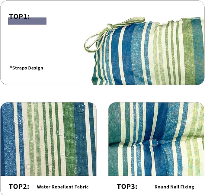 DYTXIII Set of 2 Outdoor Chair Cushions 19"x19"x4", Water Repellent Tufted Patio Seat Cushions with Ties, Thick Replacement Pads for Wicker Dining Chairs, Patio Furniture, Stripe Blue Green