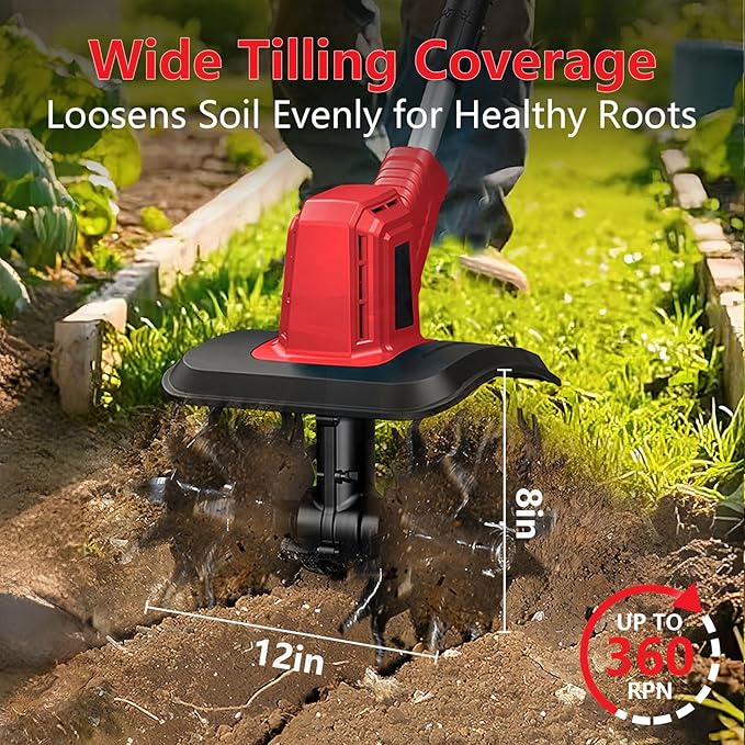 21V Cordless Tiller Cultivator, 300RPM Electric Garden Tiller, 2×4.0AH Batteries & Fast Charger Lightweight Rototiller 12" Width, 8" Depth for Lawn/Soil/Plowing/Weeding/Farm