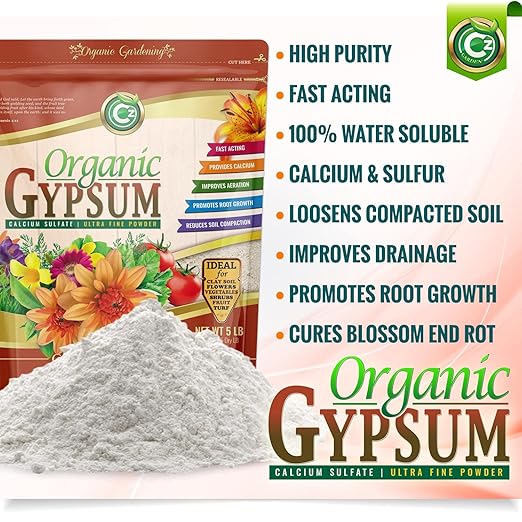 Organic Gypsum Powder 10LB - Made in USA - OMRI Listed - Calcium Sulfate Dihydrate - Garden Soil Amendment Fertilizer for Lawns, Plants, Mushroom Cultivation. Calcium & Sulfur. Cures Blossom End Rot