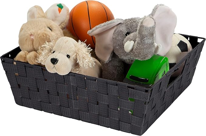 Simplify Large Shelf Woven Strap Tote,Decorative Storage Basket,Built in Handles,Organization,Closet,Bedroom,Bathroom,Nursery,Accessories,Toys,Gifts, Black (Pack of 12)