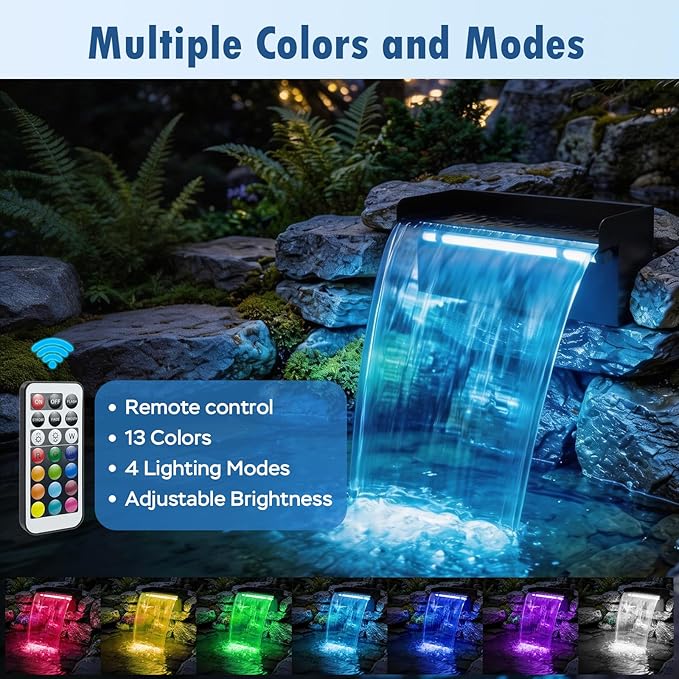 Pond Waterfall Spillway Kit, 12" Stainless Steel Spillway with Remote Control LED Lights, 660GPH Submersible Water Pump, Outdoor Waterfall Fountain for Water Feature, Garden, Backyard, Pool