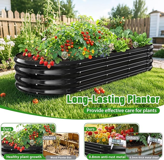 Oval Raised Garden Bed, 5 x 2 x 1FT, Galvanized Steel Planter Box with Wave-Shaped Metal Panels Painted for Outdoor Flower,Tree,Herb & Vegetable Garden (Black, 60X24X12 inches)