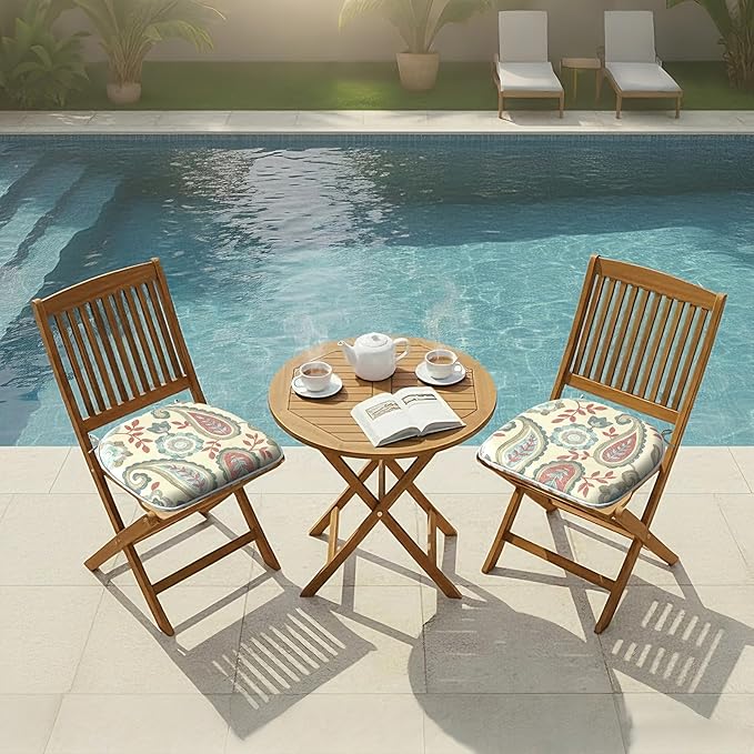 DYTXIII Set of 2 Outdoor Chair Cushions with Ties, Water Repellent Patio Chair Pads 17"x 16" for Outdoor Furniture, Round Corner Seat Cushions for Garden Yard Kitchen Paisley Vintage