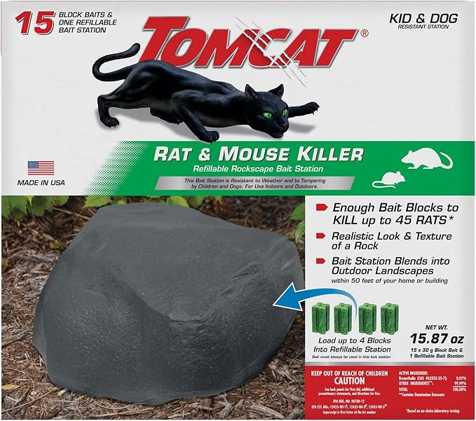 Tomcat Rat & Mouse Killer Refillable Rockscape Bait Station | 1 Refillable Station and 15 Block Baits, Discreetly Place Outdoors, Kid & Dog Resistant