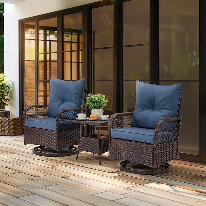 MELLCOM 3 Piece Patio Set, Outdoor Swivel Rocker Patio Chairs with Thick Cushions and Glass Table for Balcony Front Porch Poolside Garden Deck, Blue
