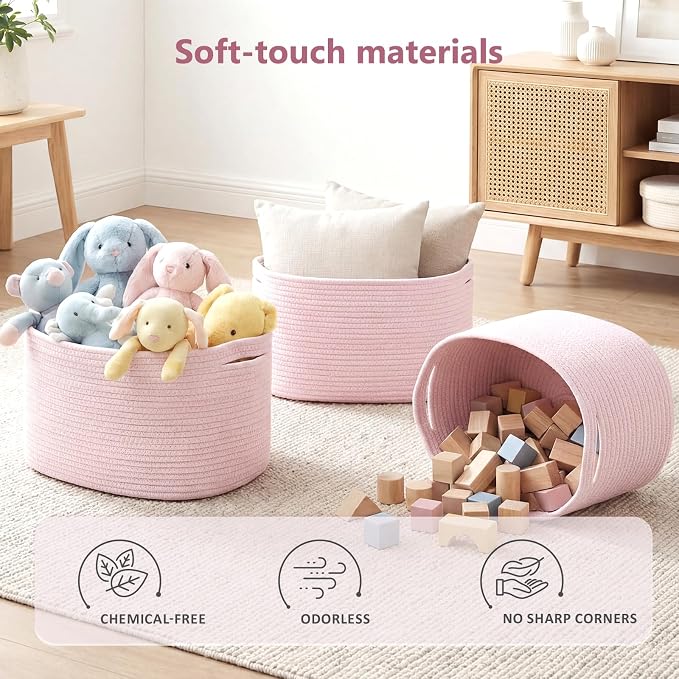 ECDYQXVU 15x10x9 Inch Woven Cotton Rope Storage Basket, 3 Pack | Foldable Design, Built-in Handles, Space-saving Organizer for Living Room, Bedroom, Laundry, Shelves, Clothes, Towels